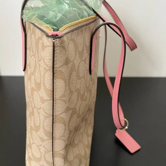 Coach Beige Signature Tote with Pink Straps - Picture 2 of 4